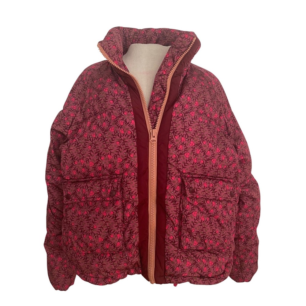 Numph Lillie Puffer Jacket Womens Large Pink Floral Polyester Boho Quilted Coat
